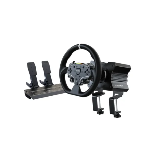 Moza R5 Direct Drive komplekts ar ES stūri un SR-P Lite pedāļie.