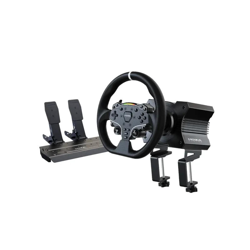Moza R5 Direct Drive komplekts ar ES stūri un SR-P Lite pedāļie.