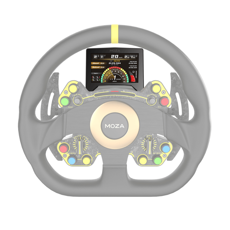 Moza RM HD Digital Dashboard on moza wheelbase and steering wheel